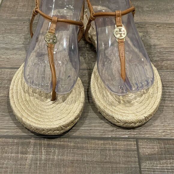 Tory Burch Brown Leather Emmy Flat Espadrilles Thong Sandals Size 8B Womens - Picture 10 of 16